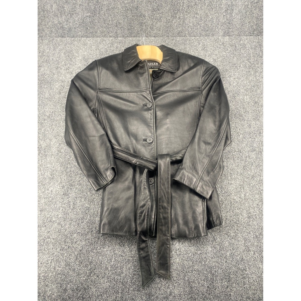 Adler Collection Leather Trench Coat Jacket Women XL Black Belted Button Front